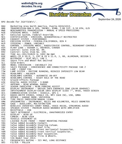 Example RPO list page 2 for 2013 Camaro 1LE