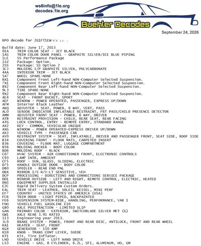Example RPO list page 1 for 2013 Camaro 1LE